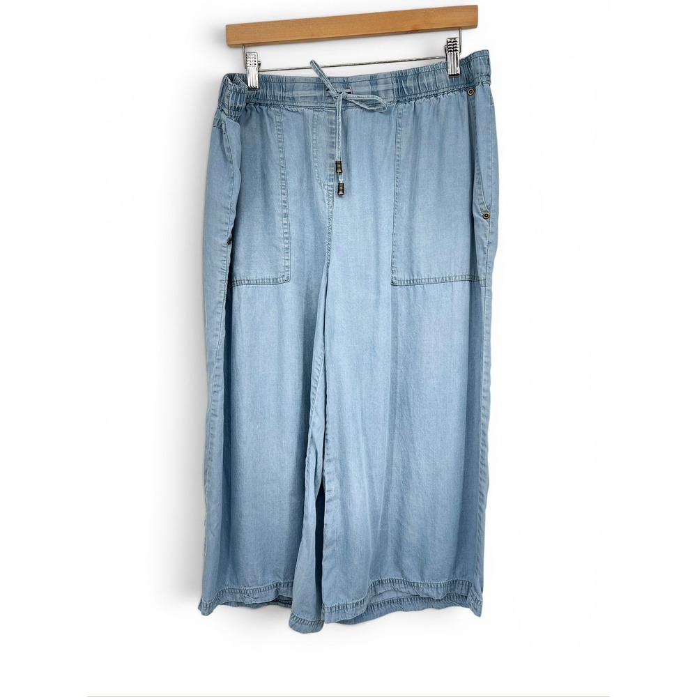 Appraisal Women XL Blue Chambray Wide Leg Crop Pants Elastic Waist Drawstring